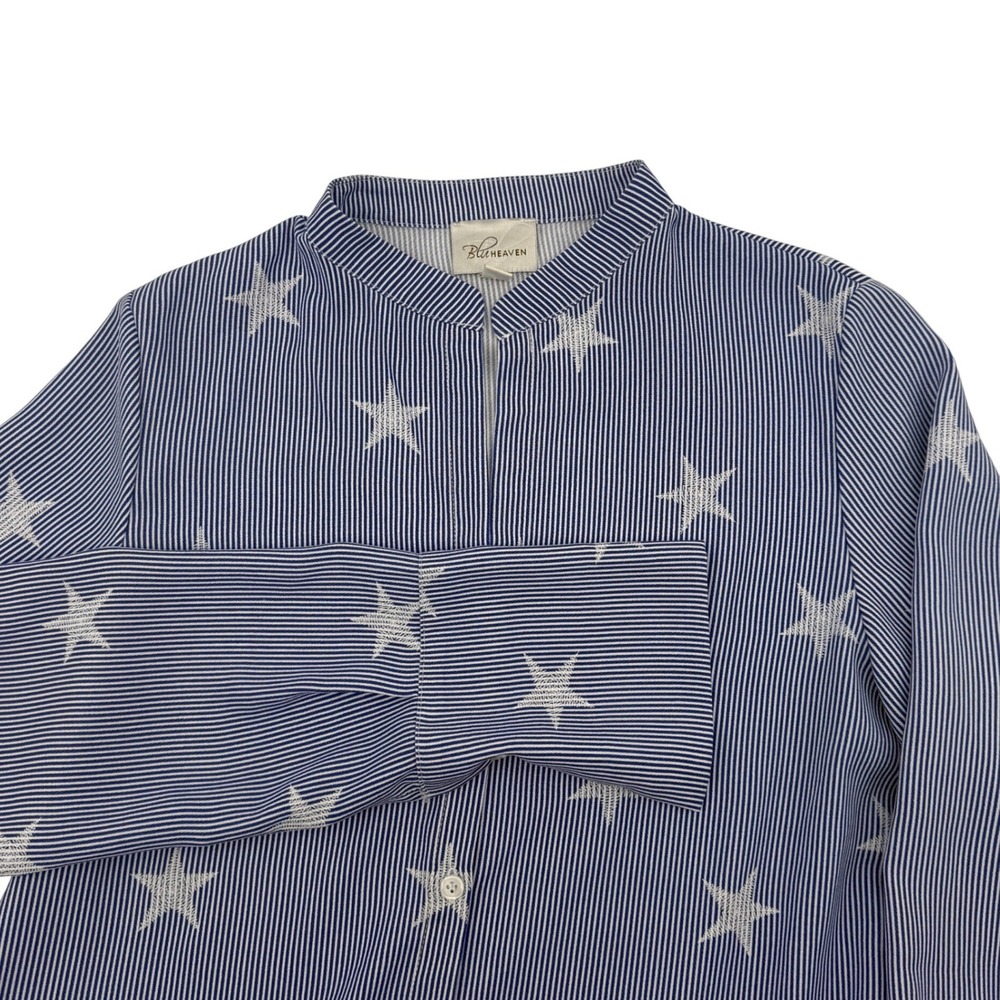 Blu Heaven Womens Blue White‎ Striped Star Print Button Up Tunic Shirt Size M